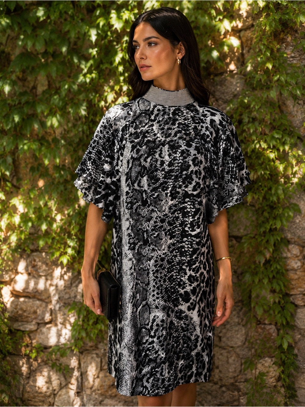 GRACIA Black, Gray, and Cream Reptile Print Shift Dress with Metallic Detail, M